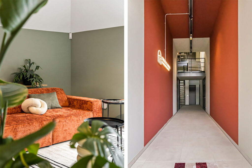 Collage van een moderne vergaderruimte en de sfeervolle entree van Onder de Pannen, met warme kleuren en stijlvol design.