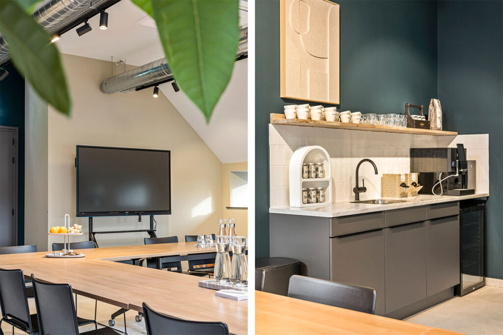Een collage van de vergaderruimte en koffiehoek bij Onder de Pannen, waarin de moderne faciliteiten en sfeervolle inrichting worden gecombineerd.