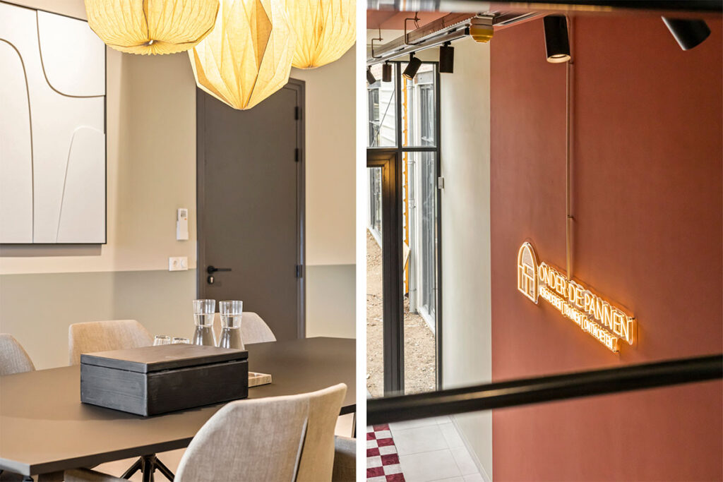 Collage van een moderne vergaderruimte en de sfeervolle entree van Onder de Pannen, met warme kleuren en stijlvol design.
