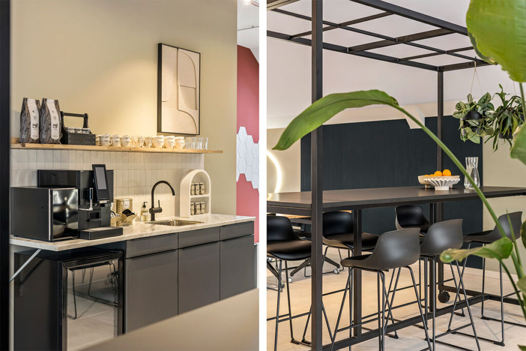 Collage van een moderne vergaderruimte en de sfeervolle entree van Onder de Pannen, met warme kleuren en stijlvol design.